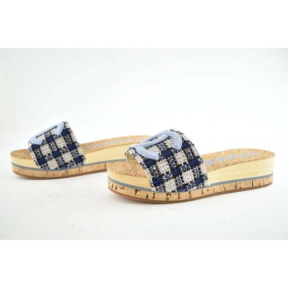 Chanel 20P Blue Tweed Denim CC Logo Cork Mule Slide Slip Platform Sandal Flat 41 - Picture 6 of 9